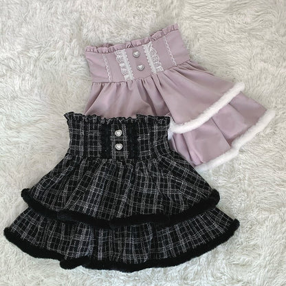 High Waist Tiered Skirt Double-Layered Plush Trim  Plaid Jirai Kei Pink/Black