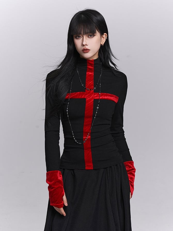 Neck Long Gothic Design Mock Cross with Sleeves Top Cuffs Black Thumbhole Red