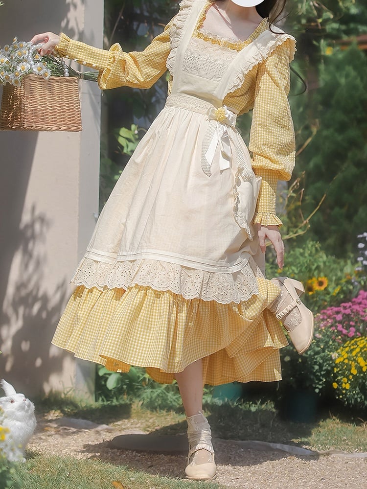 Gelbes Stück Süßes Lolita Taillenkleid Bischof Plaid Ärmel Hohe