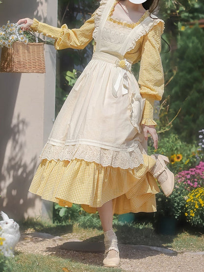 Gelbes Stück Süßes Lolita Taillenkleid Bischof Plaid Ärmel Hohe