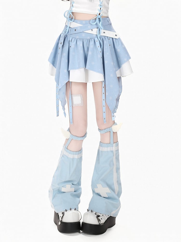 Blue Y2K Asymmetrical Hem Skirt with Star Print and Strap Accents - CRAZY GIRL