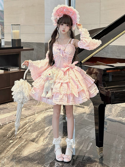 with Ruffle Sleeves Accents Flower Boned Drawstring Pink + Dress Set Bolero Lolita Layered JSK Top