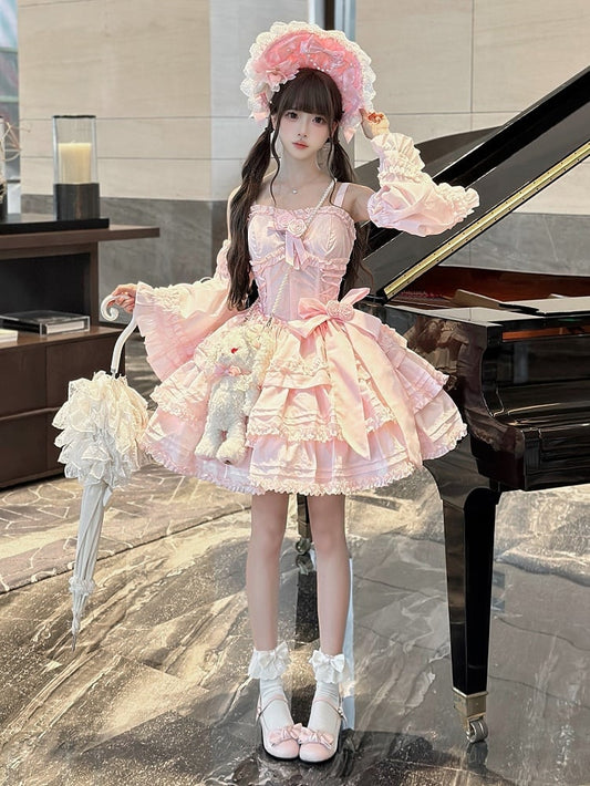 with Ruffle Sleeves Accents Flower Boned Drawstring Pink + Dress Set Bolero Lolita Layered JSK Top