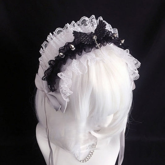 Hairband Wing Lace Cross Details Black/White decorated Studs Bow with