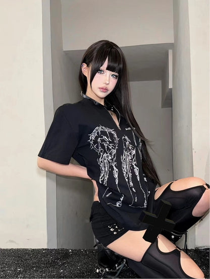 Alt Religious Fashion Black Figure with Print T-Shirt Cross