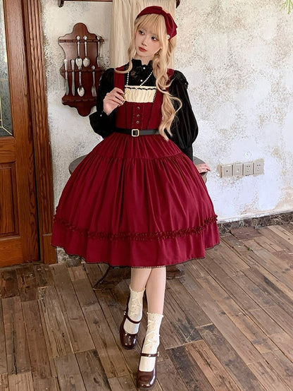 Red Elegant Classic Lolita JSK Dress with Ruffled Front Placket and Lace Trim