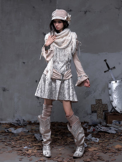 Off-Shoulder Dress Vintage Khaki Knit Punk A-Line with Belt Beige-gray PU Design