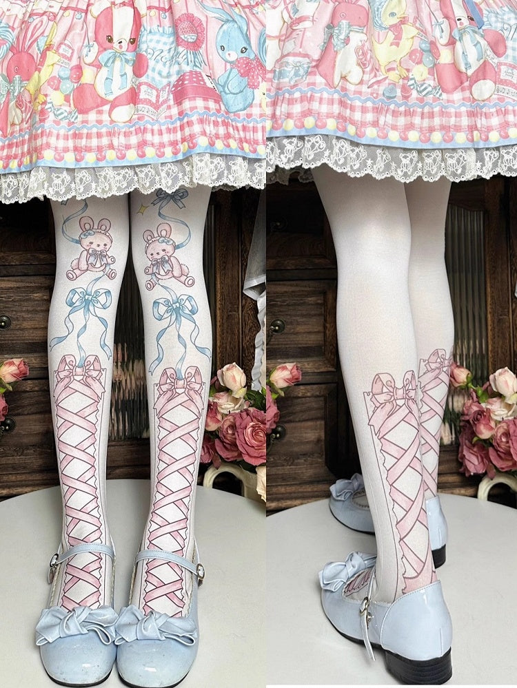 Bow And Blue/Brown Pink Tights Bunny Print Lolita Sweet