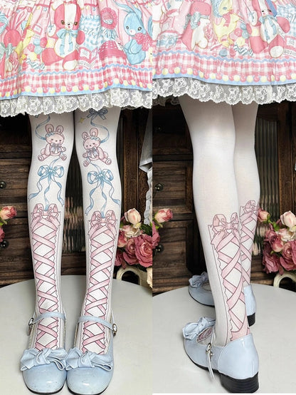 Bow And Blue/Brown Pink Tights Bunny Print Lolita Sweet