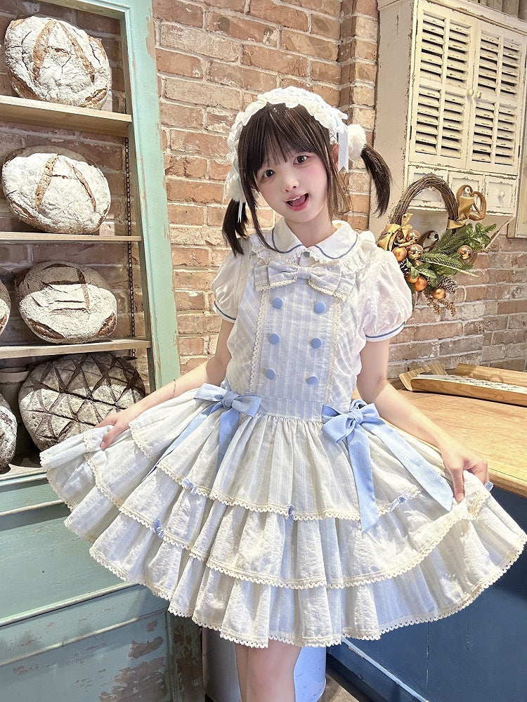 Sweet Ruffle Layered Striped Dress Bow with Accents Overall Blue Lolita