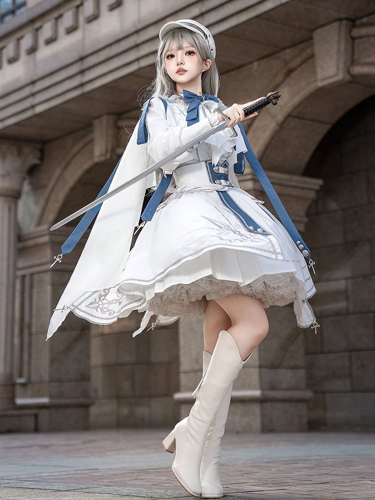 Military Lolita 3-Piece Set with Corset Belt – Top, Skirt and Belt, White and Blue (Xiong Dou Jiang)