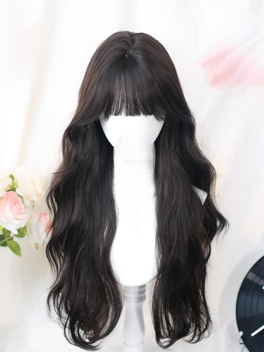 Black/Brown Wavy Natural Bangs Air Wig Long