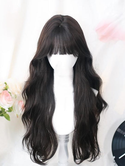 Black/Brown Wavy Natural Bangs Air Wig Long