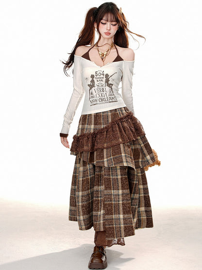 Zweiteiliges Neckholder-Top mit Fake-Letters in Apricot/Schwarz