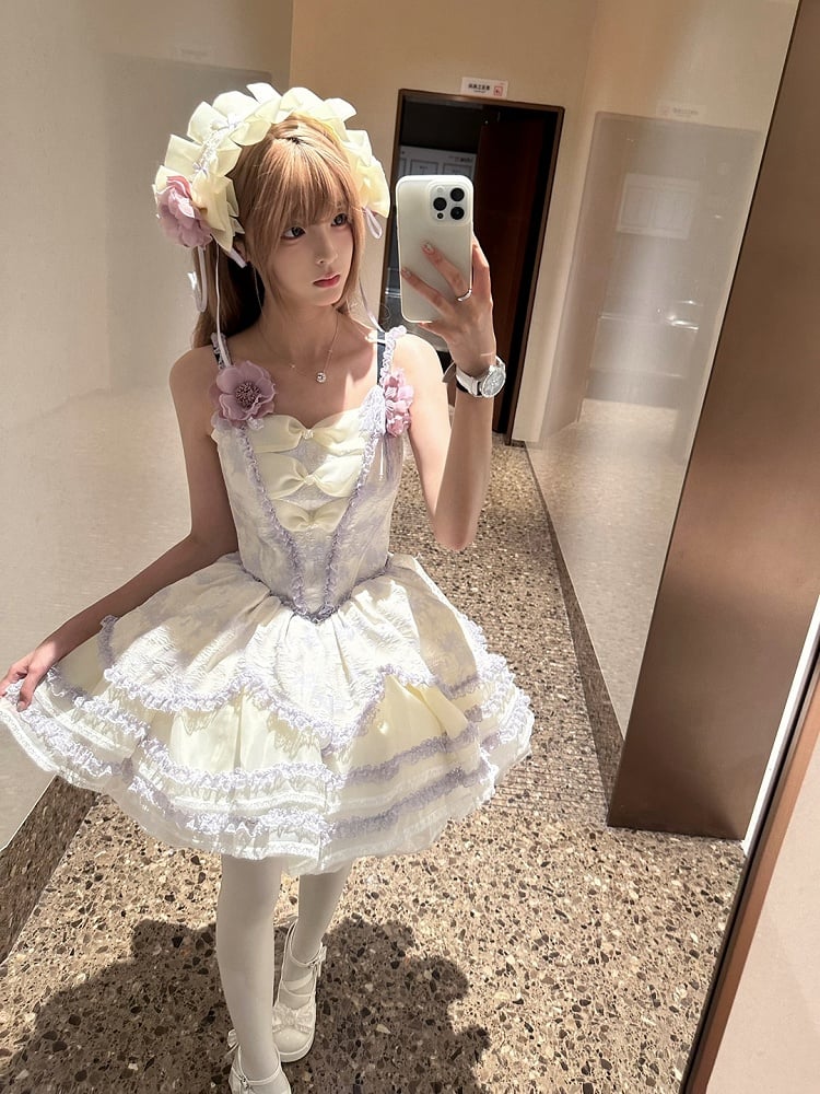 Lolita Layered Skirt Purple Floral-Print Trimmings and Princess Lace Jumper with Ruffles