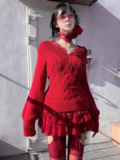 Gothic Red Crochet Crosses Lace Accents V-neck Slim-fit Sweater