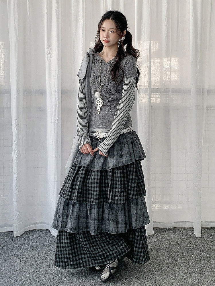 Gray Skirt Patchwork Maxi Tiered Design Plaid with