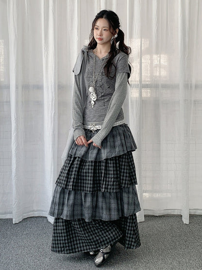Gray Skirt Patchwork Maxi Tiered Design Plaid with