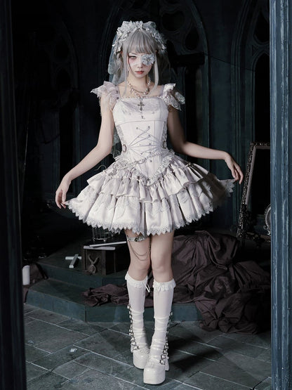 Skirt Tiered Lolita Waist Boned Gothic Silver