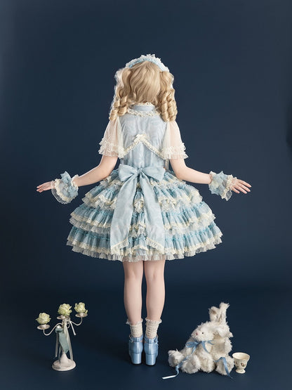 Stickerei Kleid Details Lolita und mit Rüschen Blau Süße Tiered Goldfisch Spitze