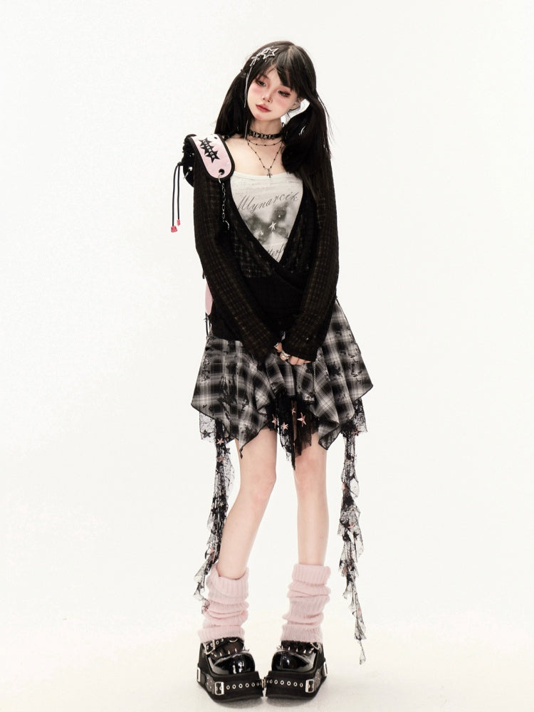 Y2K 黒と白のチェック柄ハンカチ裾カスケードフリルメッシュ