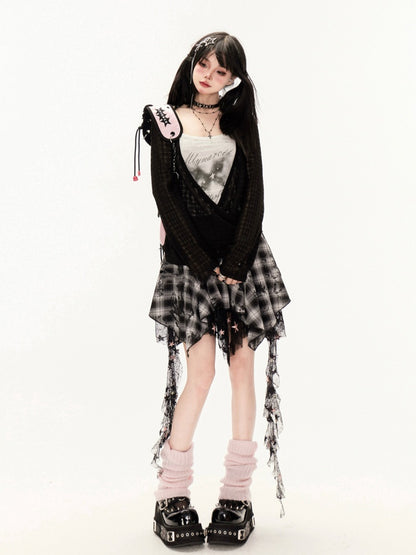 Y2K 黒と白のチェック柄ハンカチ裾カスケードフリルメッシュ