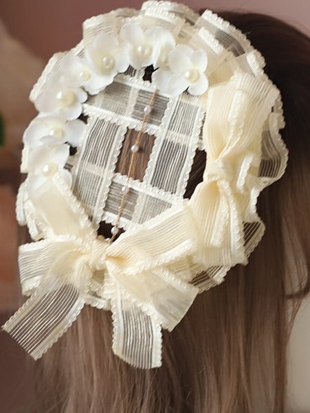 Mini Lolita Accents With Bead Beige/White Bow Hat Chain