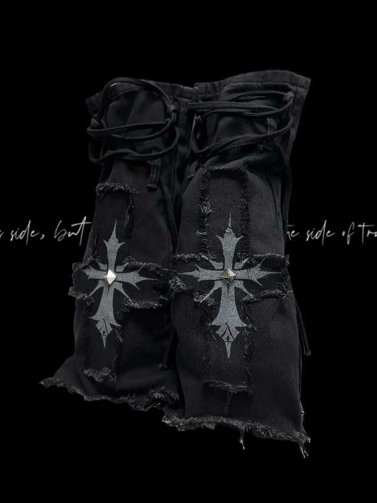 with Raw Hem Detail Lace-up Glamorous Leg Warmers Y2K Black Denim Cross Applique