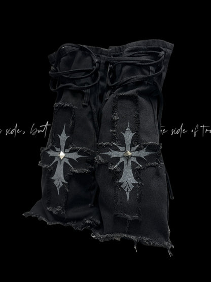with Raw Hem Detail Lace-up Glamorous Leg Warmers Y2K Black Denim Cross Applique