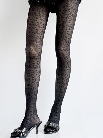 Tights Leopard Slimming Print Retro Black