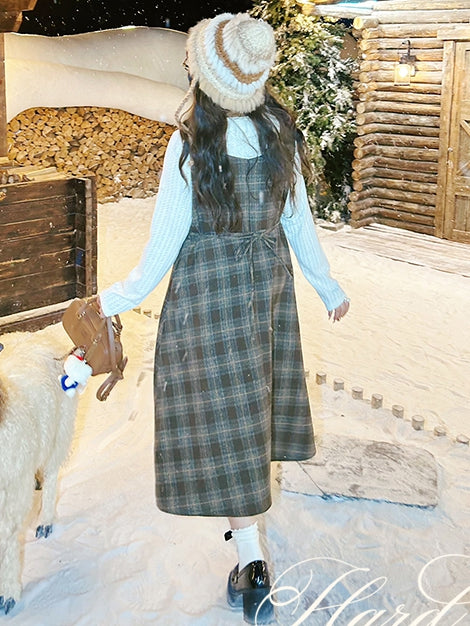 Plus Size Brown High Waist Plaid Pattern Woolen Overall Dress