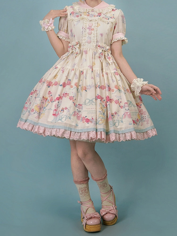 Lolita-Kätzchenkleid mit gewellter Öse und Ärmeln, Aufdruck, cremige süße Verzierungen