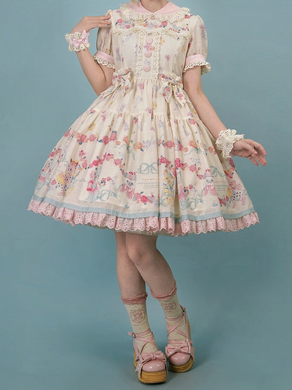 Lolita-Kätzchenkleid mit gewellter Öse und Ärmeln, Aufdruck, cremige süße Verzierungen