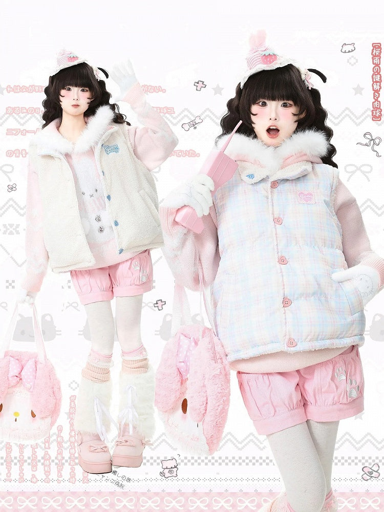 Kawaii Vest Daily Pink Closure Plush with Lining 2-Way Button Fleece Plaid Heart