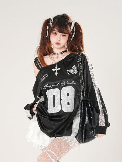 Embroidery Asymmetrical Neckline Butterfly