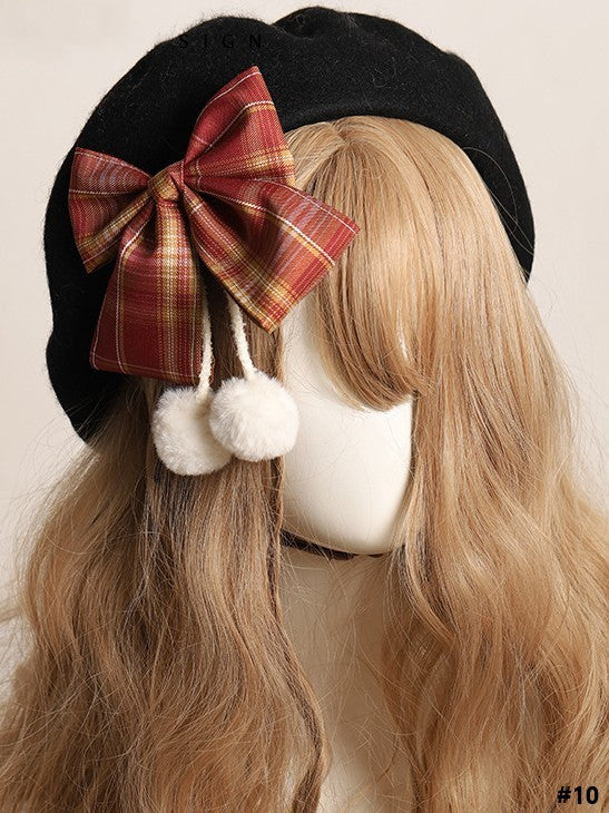 14 Color Options Plaid Bow Beret with Pom-Pom Accents