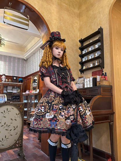 Print Puff Lace Lolita Trim Sleeves Dress Red and Black Bear Sweet Plaid with