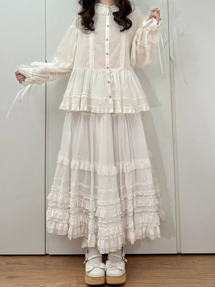 Elegant Cotton Multi-Layer Lolita Skirt White Ruffled Loose Hem