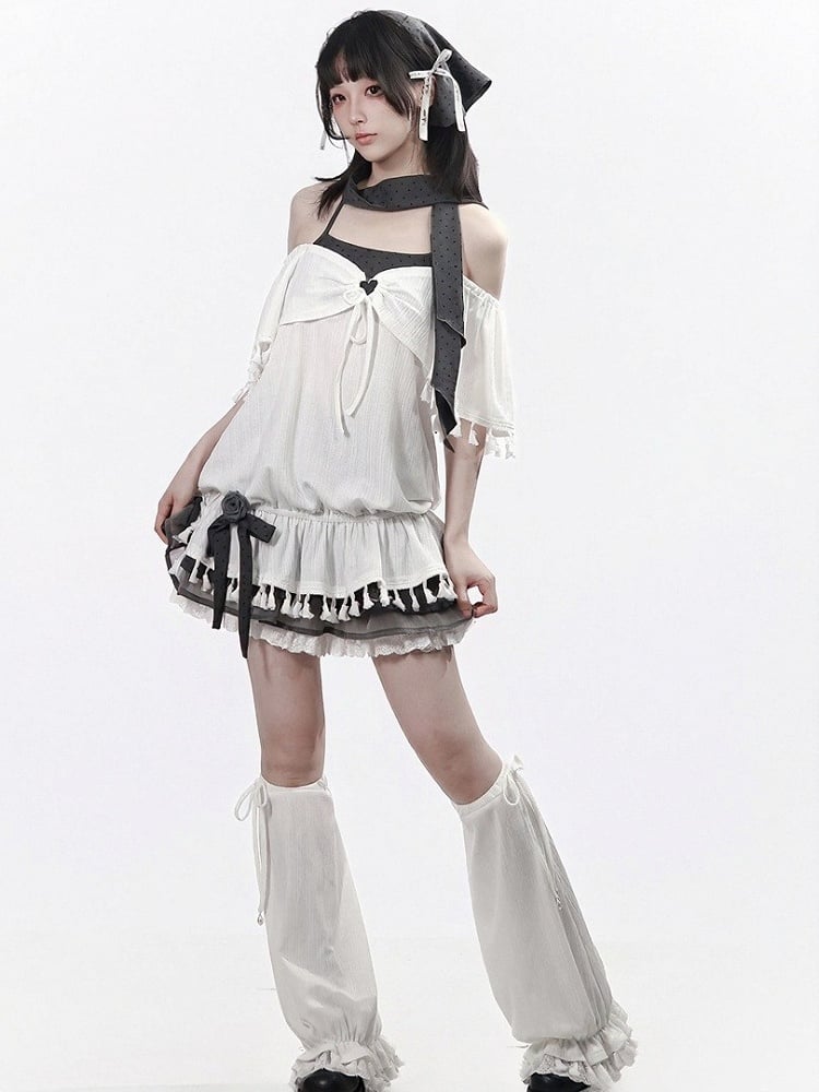 White Faux Two-Piece Flutter Sleeve Top with Tassels - PINK SAVIOR