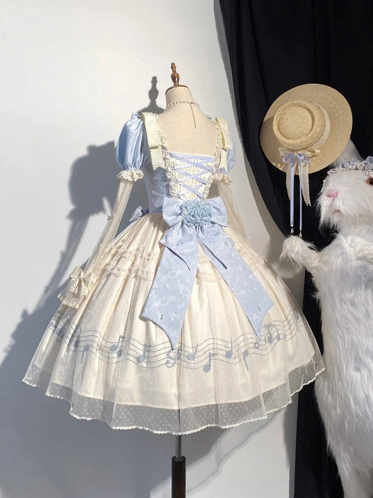 Lolita Blue Note Version Elegant Lace Dress Classic Musical Short Print Beige Violin Embroidery with