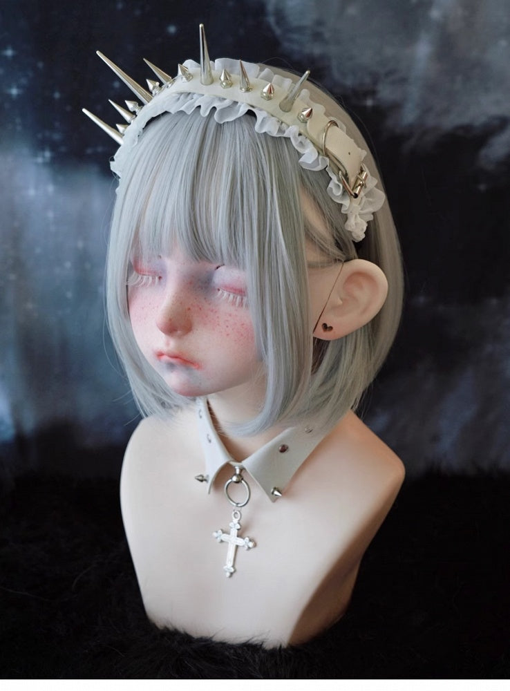 White Gothic Handmade Studs Detail Ruffled KC