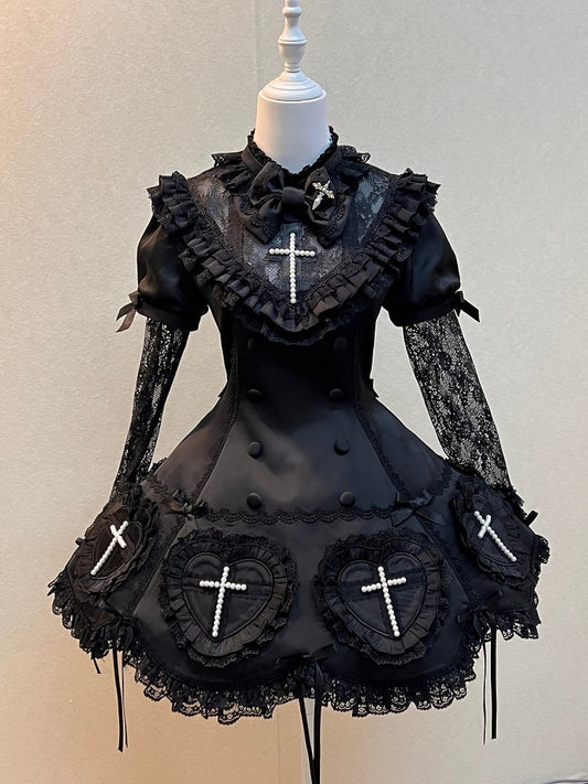 Details Cross and Lace Decoration Lolita Dress Black Gothic with Beaded
