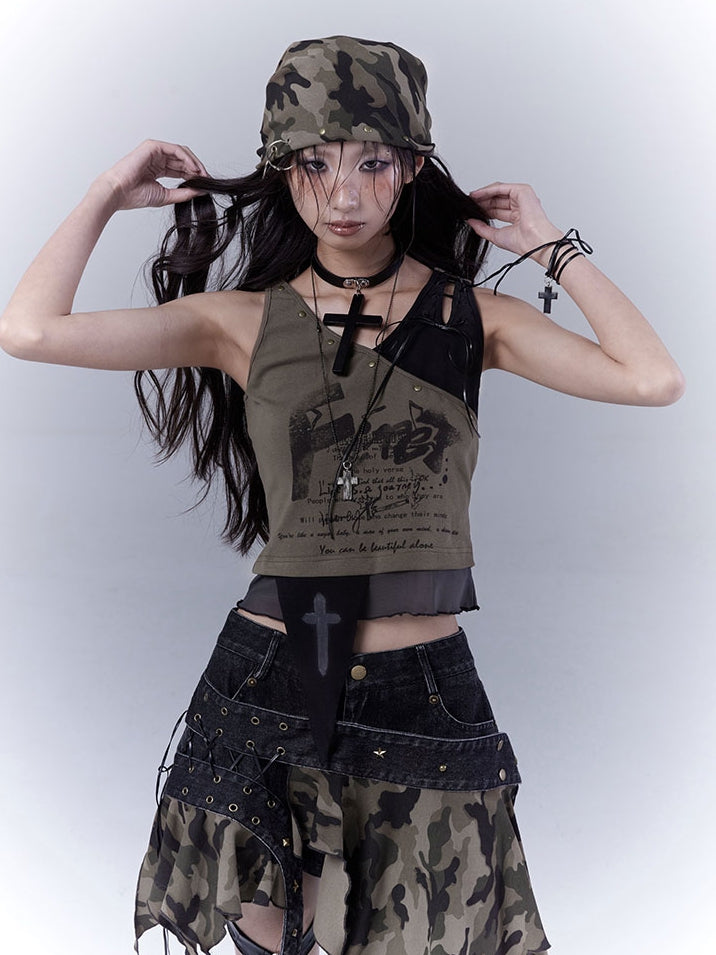 Grünes, geschnürtes Schulter- und asymmetrisches Saum-Tanktop Wasteland Punk Army