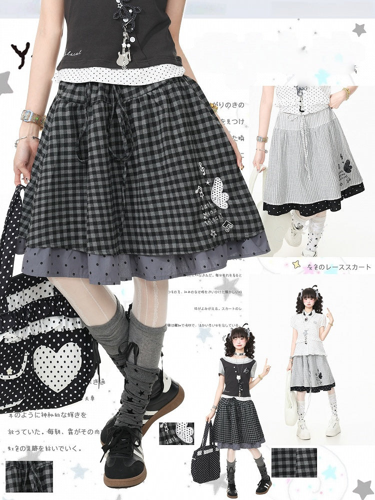 Black Gingham Polka Dot Layered Skirt with Embroidery - Languid Park