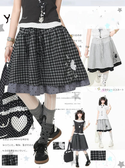 Black Gingham Polka Dot Layered Skirt with Embroidery - Languid Park