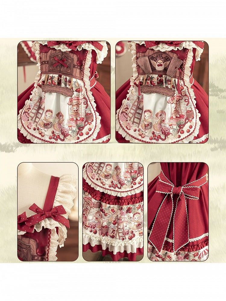 Sweet Red Lolita Jumper Dress with Fruity Print and Lace Trim - Honey Machine