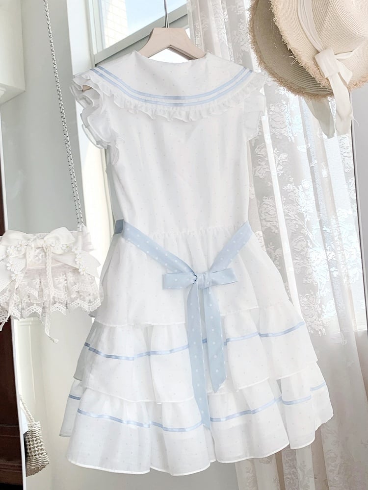 Weiß-blaues Kleid mit Tupfenmuster und Matrosenkragen Navycore