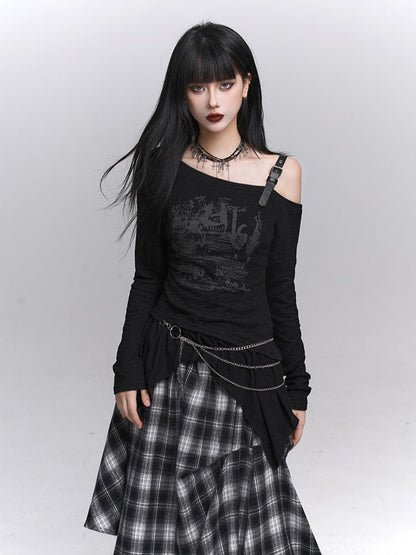 Black  Gothic Asymmetrical with Graffiti Top Neck Print