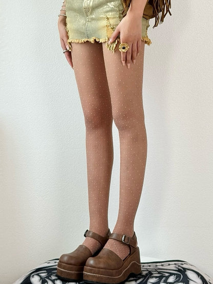 Strumpfhose mit gepunktetem Rautenmuster in Grau/Weiß/Braun