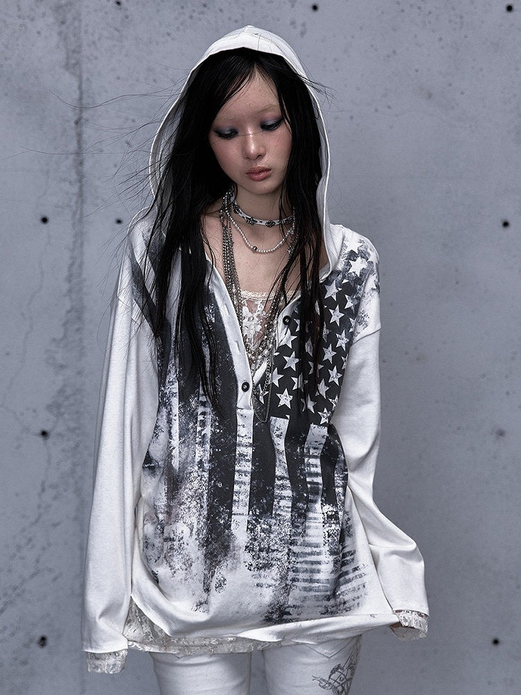Loose Lace V-Neck Two-piece Top Star Sleeve Panel Off-white Hooded Long Print